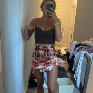 Brown corset lace top multi colored silk skirt